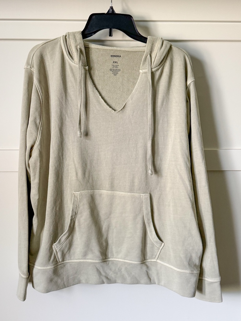 Sonoma Oversized Hooded Sweatshirt Beige Raw Edge V-Neck Pullover XXL